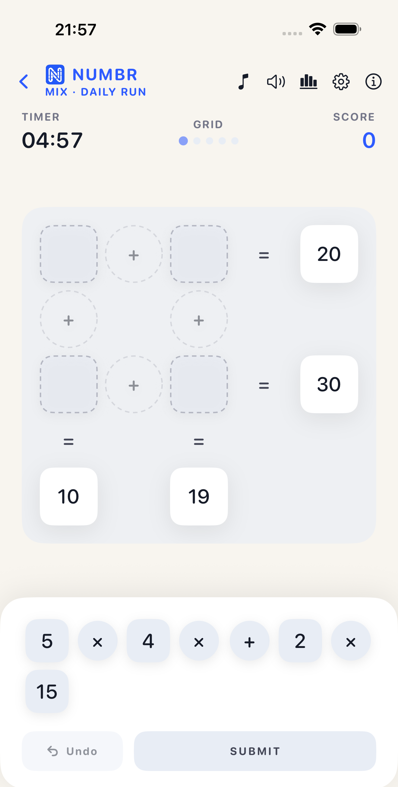 Numbr gameplay screen showing a Mix daily equation grid, tray pieces, timer, and Submit.