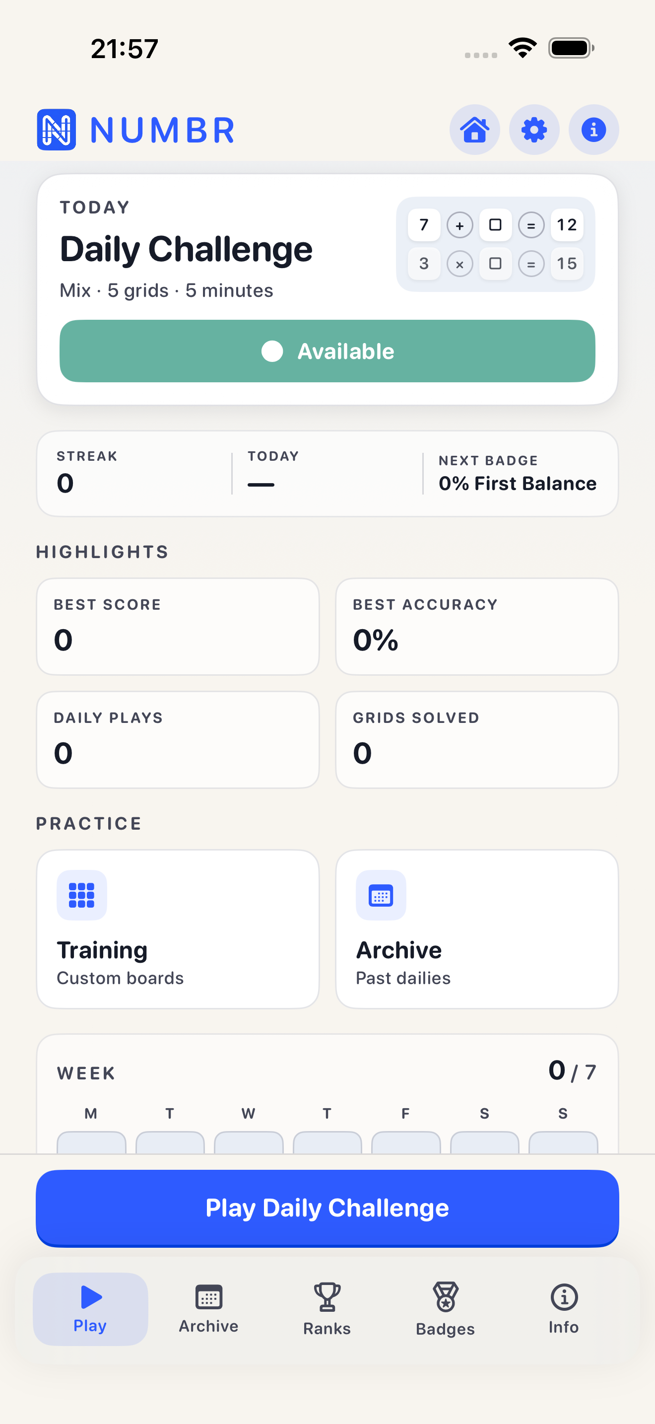 Numbr home screen with Daily Challenge card, streak, highlights, training, and week progress.