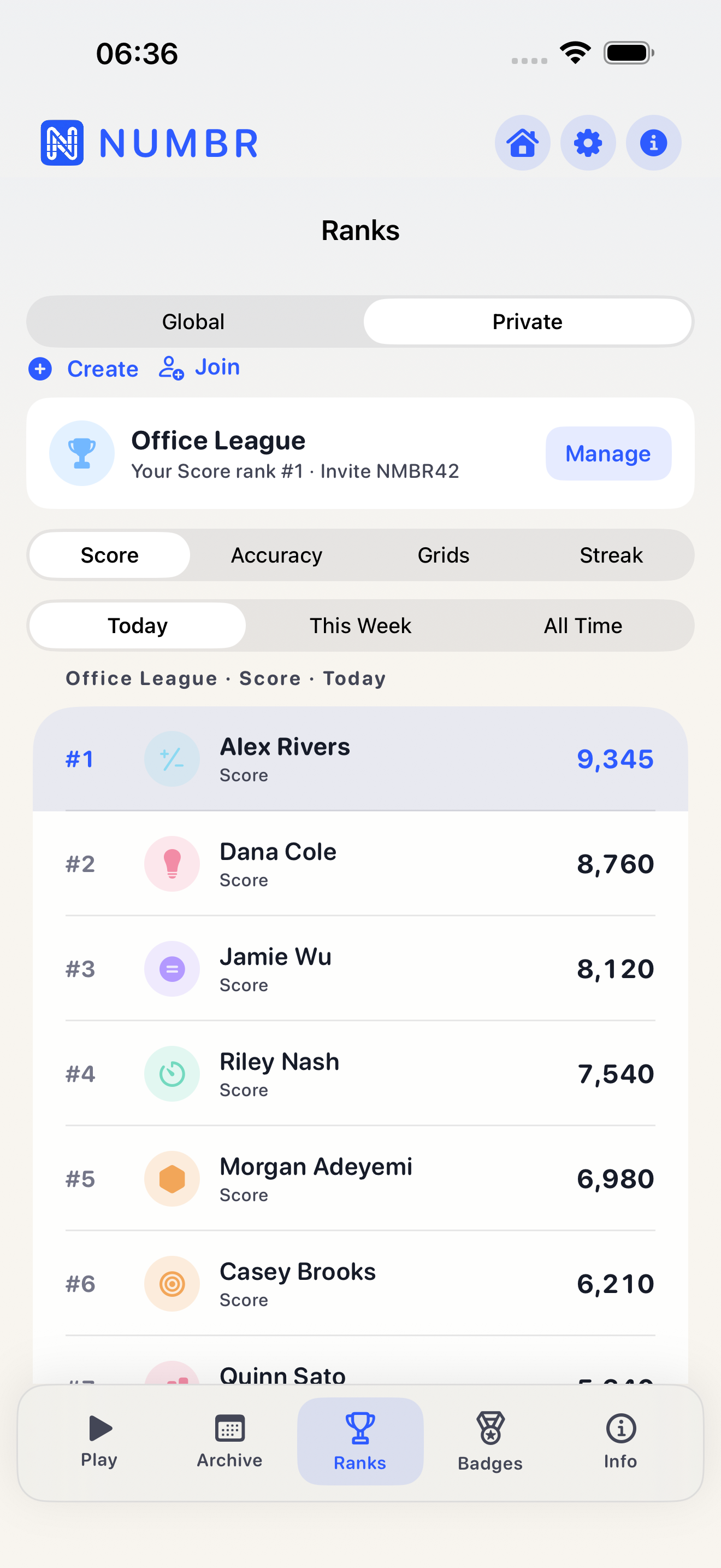 Numbr Private ranks for an Office League group with invite code and member scores.