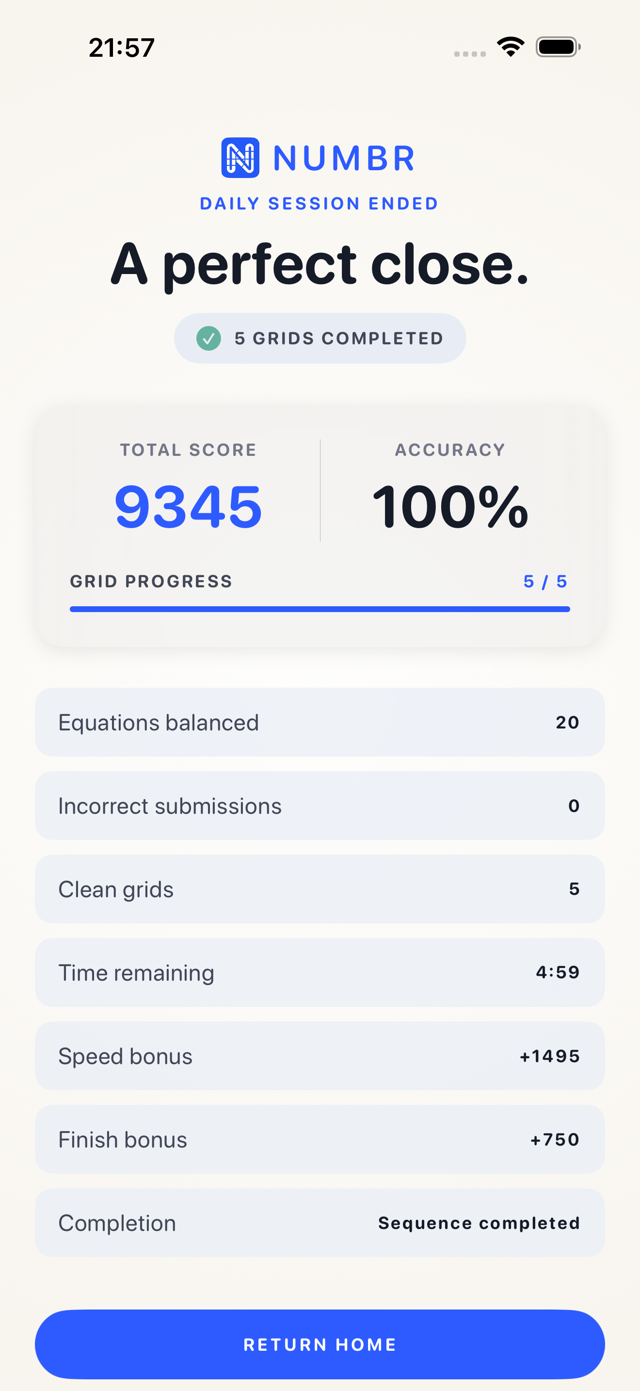 Numbr results showing total score, accuracy, grid progress, and bonuses.